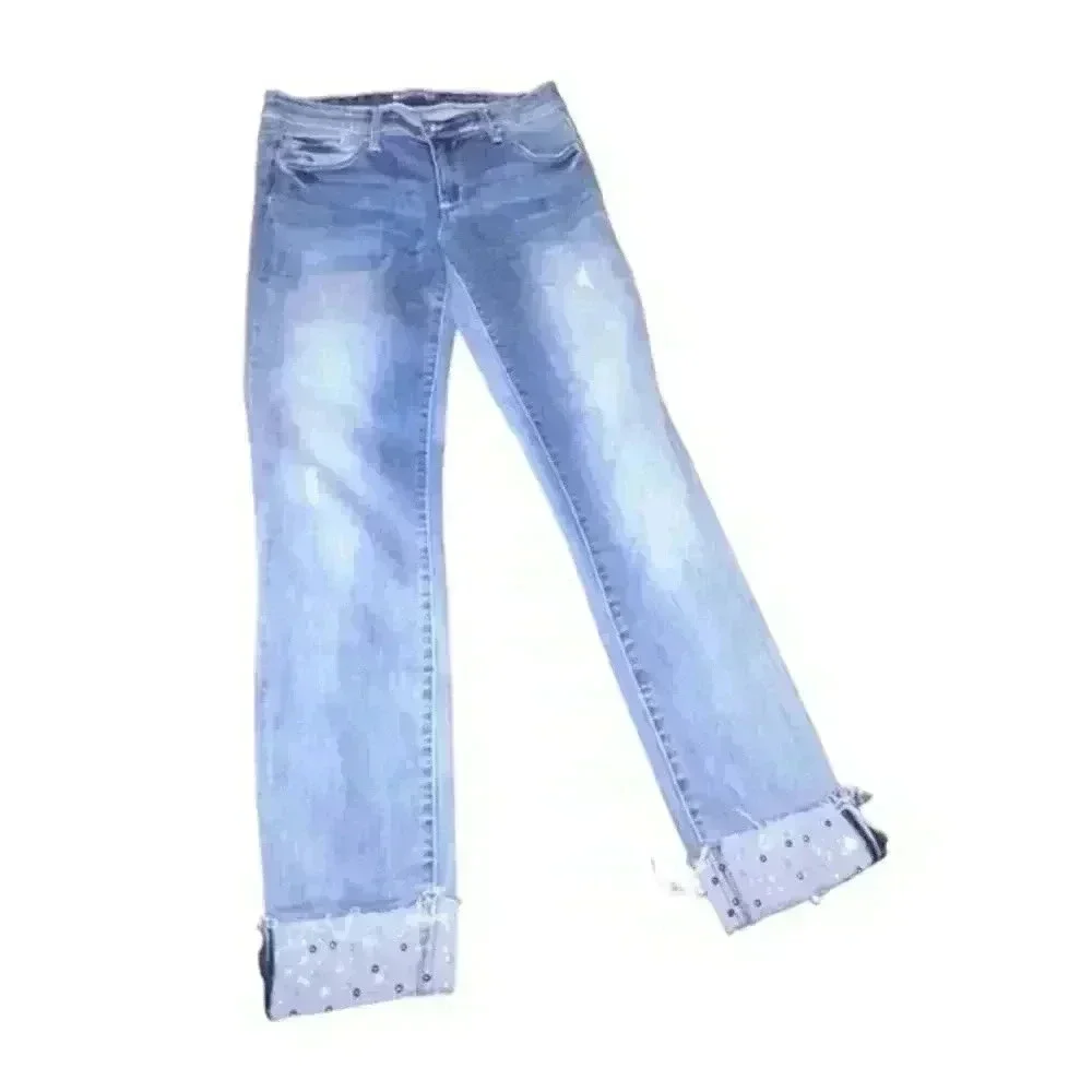 Tractr Blu Pearl and Bead Accent Cuffed Jeans Crops, Size 27